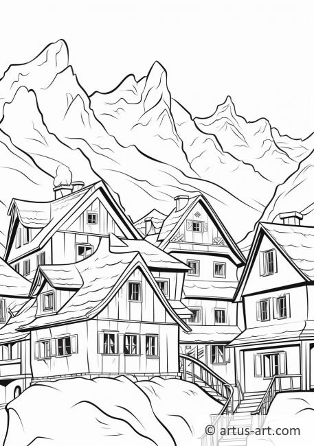 Ausmalbild Dorf in den Alpen